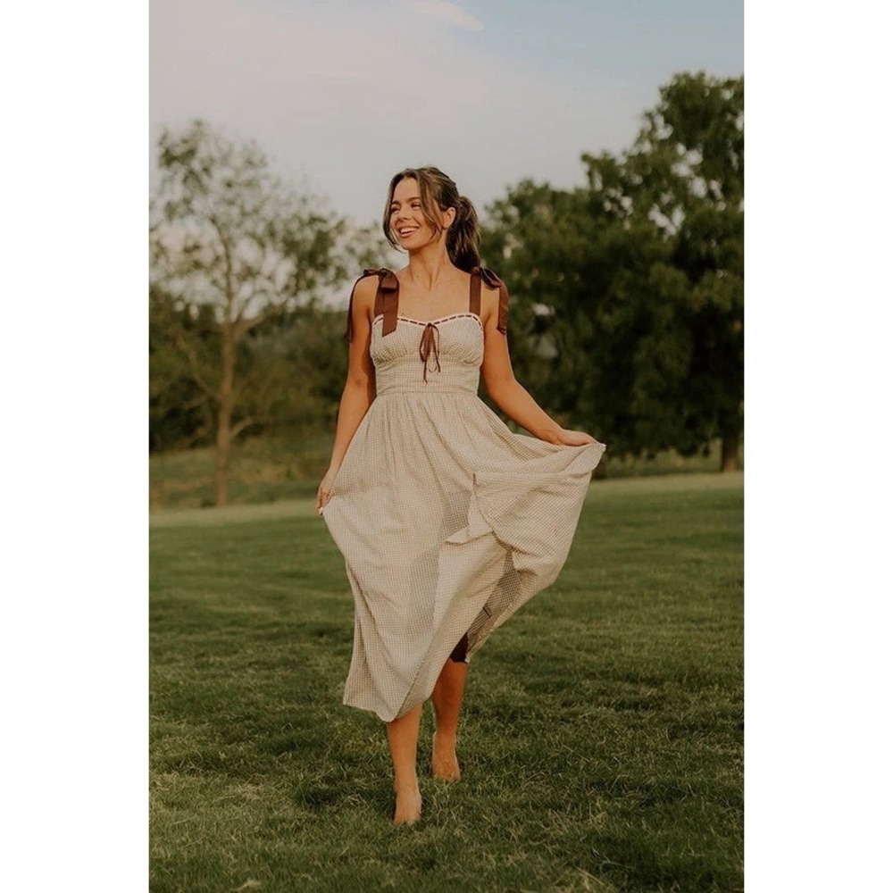 Anthropologie By The River Size M Gingham Tie Midi Dress Brown Cottage Core